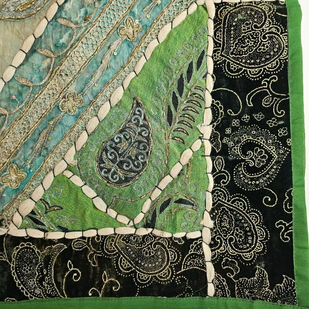 Boho Sari Patchwork Beaded Pillow Covers 26” Sq Velvet Trim – Repurpose Fabric